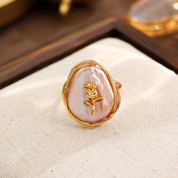 18K Gold Plated Golden Rose Baroque Pearl Ring