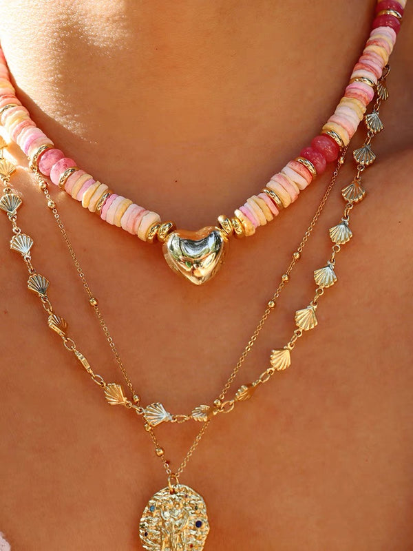 18K Gold Plated Colorful Shell Beaded Necklace With Love Pendant